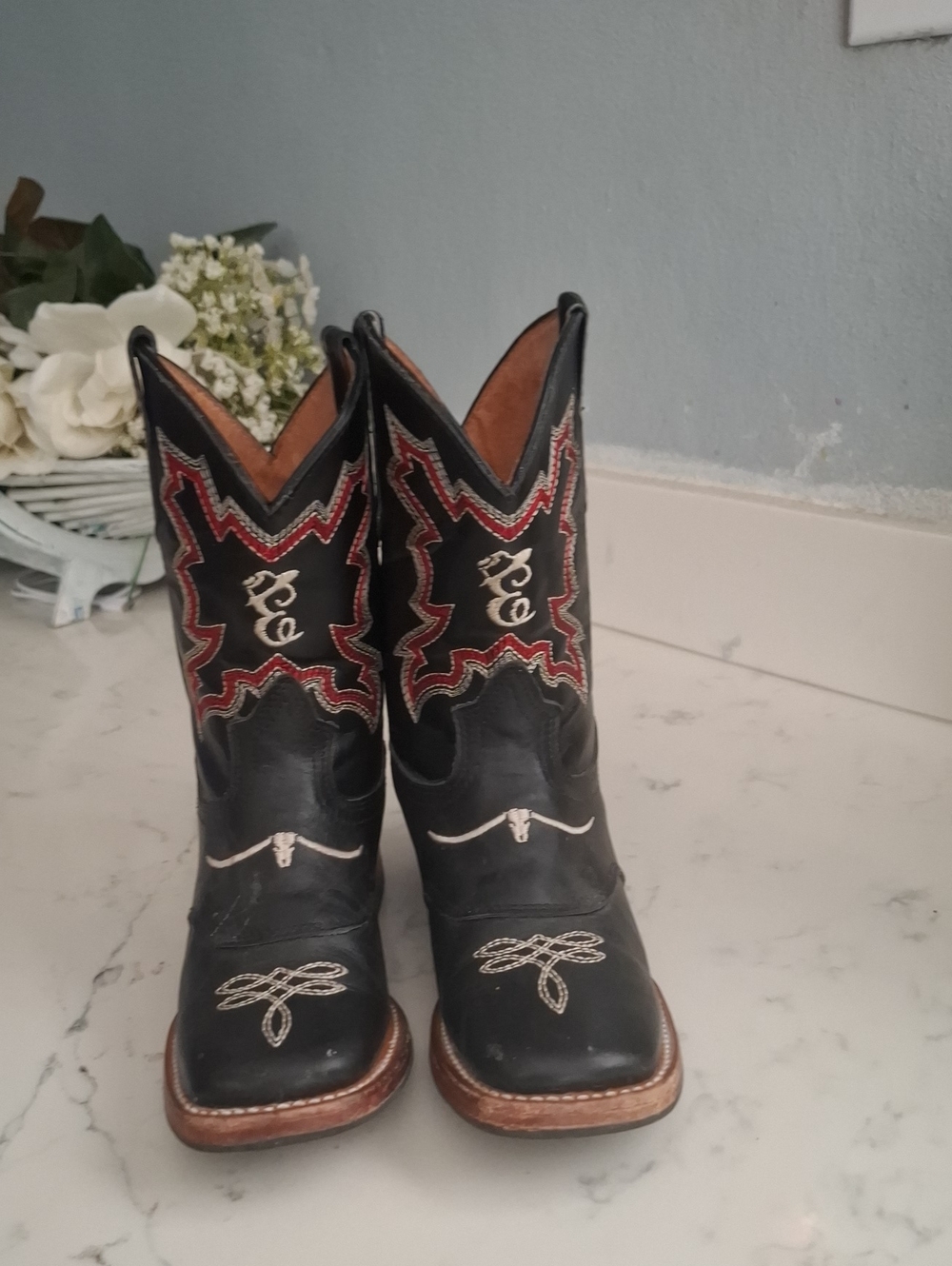 Herradura Kids Black Western Cowboy Boots with Red Stitching